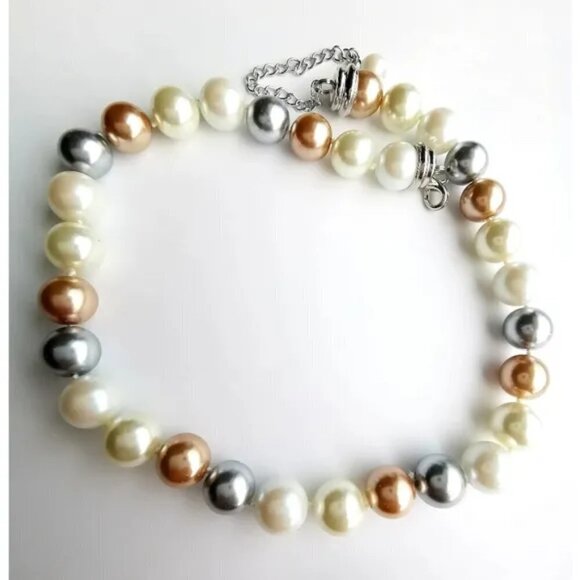 Tri color white golden gray faux Tahitian Pearl choker necklace NEW - Picture 6 of 9